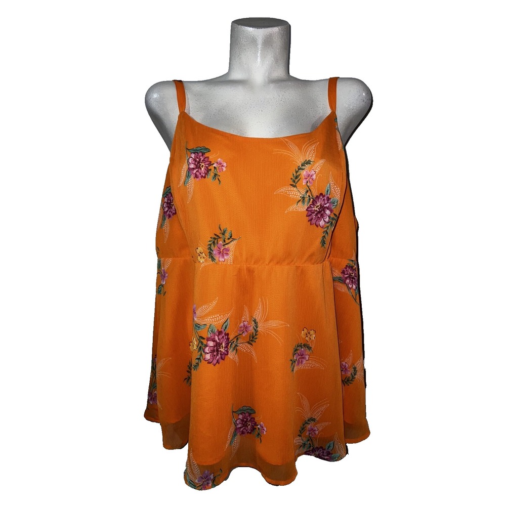 Torrid Womens Size 3 Orange Floral Chiffon Babydoll Cami Top Smocked Back